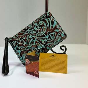 Patricia Nash Capri Tooled Leather Turquoise Brown Wristlet